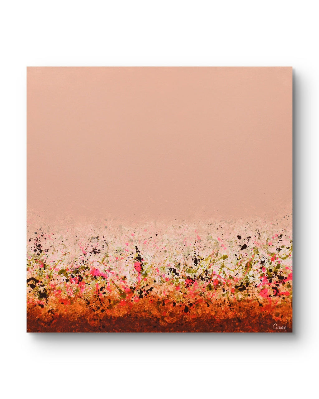 A square abstract canvas wall art print featuring a solid dusty peach-pink upper field and a textured, speckled floral-like band in orange, red, pink, black, and white along the bottom, shown against a white background with a soft drop shadow.