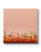 A square abstract canvas wall art print featuring a solid dusty peach-pink upper field and a textured, speckled floral-like band in orange, red, pink, black, and white along the bottom, shown against a white background with a soft drop shadow.