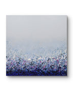 An abstract canvas painting featuring a smooth light gray gradient transitioning into a textured, speckled field of blue, purple, white, and black at the bottom, shown against a plain white background with a subtle drop shadow.