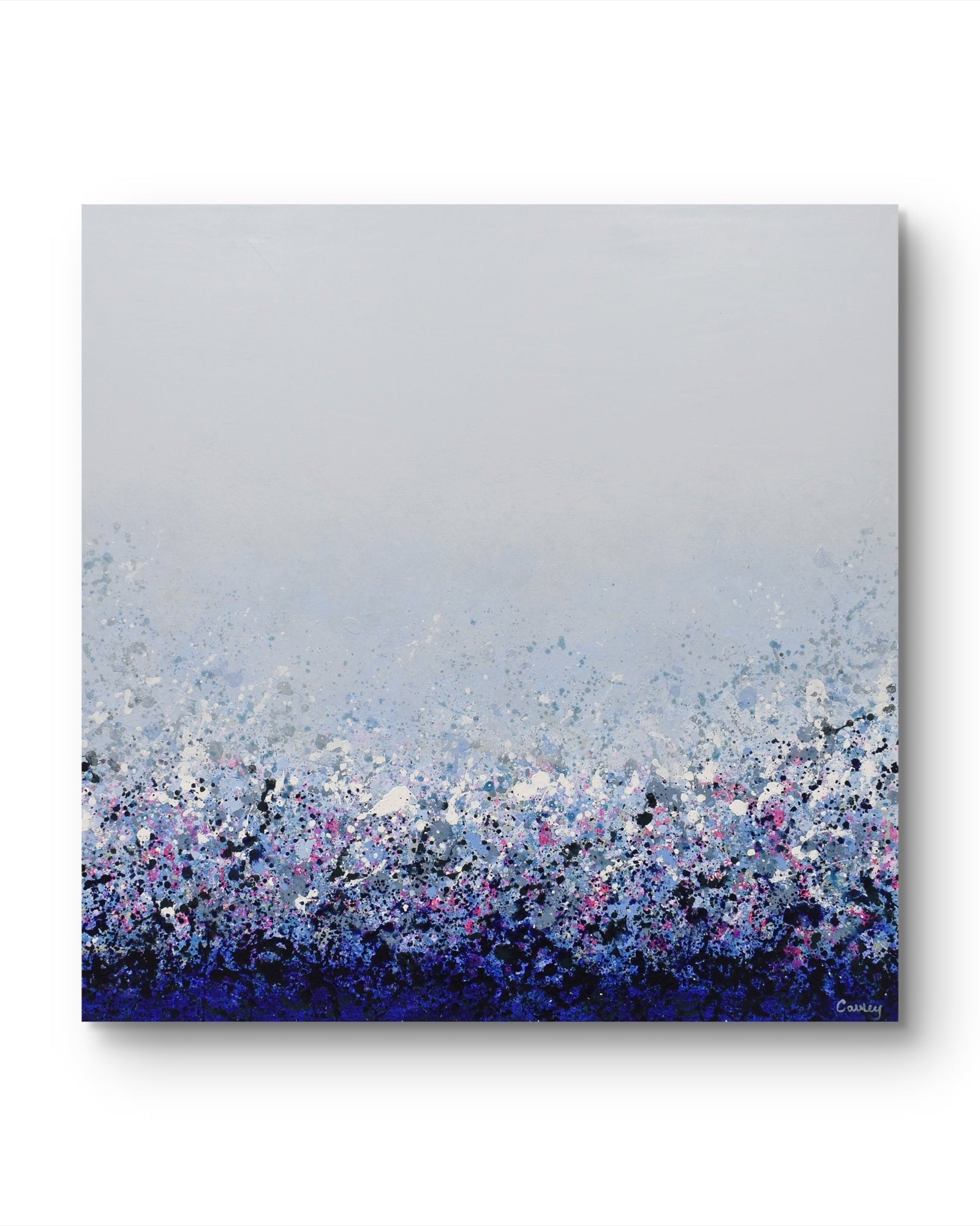 An abstract canvas painting featuring a smooth light gray gradient transitioning into a textured, speckled field of blue, purple, white, and black at the bottom, shown against a plain white background with a subtle drop shadow.