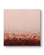 An abstract canvas painting featuring a soft dusty pink sky-like upper section and a dense, textured field of pink, red, burgundy, and small yellow-green accents along the bottom, shown against a clean white background with a subtle drop shadow.