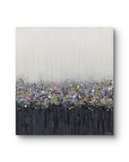 An abstract canvas wall art print featuring a textured light gray upper section with vertical brushstrokes, a dense band of multicolored paint splatters across the middle, and a dark charcoal-black lower section with dripping paint effects, shown against a plain white background.