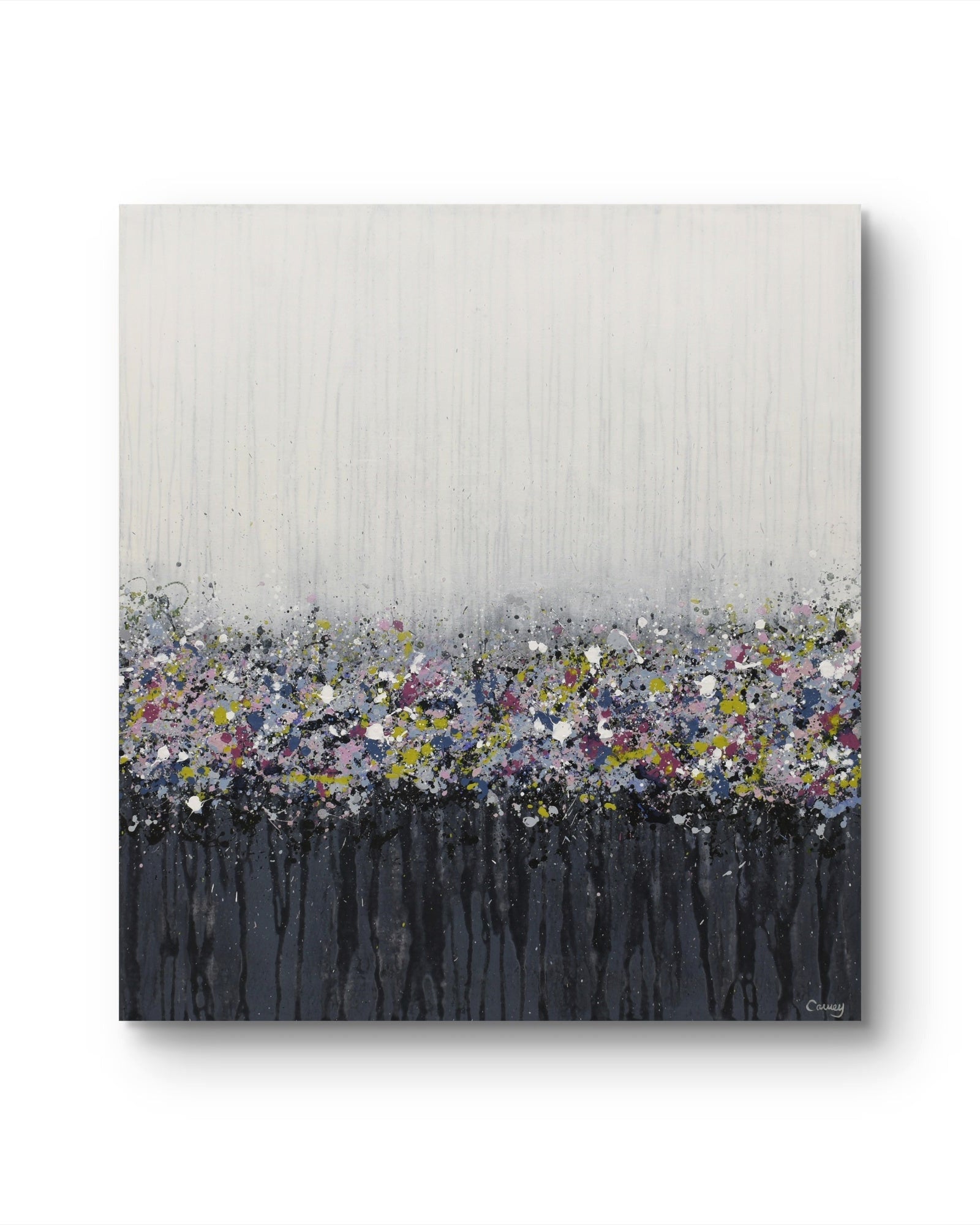 An abstract canvas wall art print featuring a textured light gray upper section with vertical brushstrokes, a dense band of multicolored paint splatters across the middle, and a dark charcoal-black lower section with dripping paint effects, shown against a plain white background.