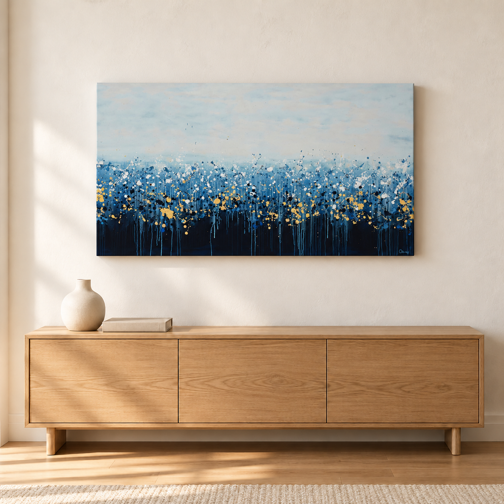 Bayside Blue fine art print above an oak console — AI-generated illustrative room mockup; scale may vary.