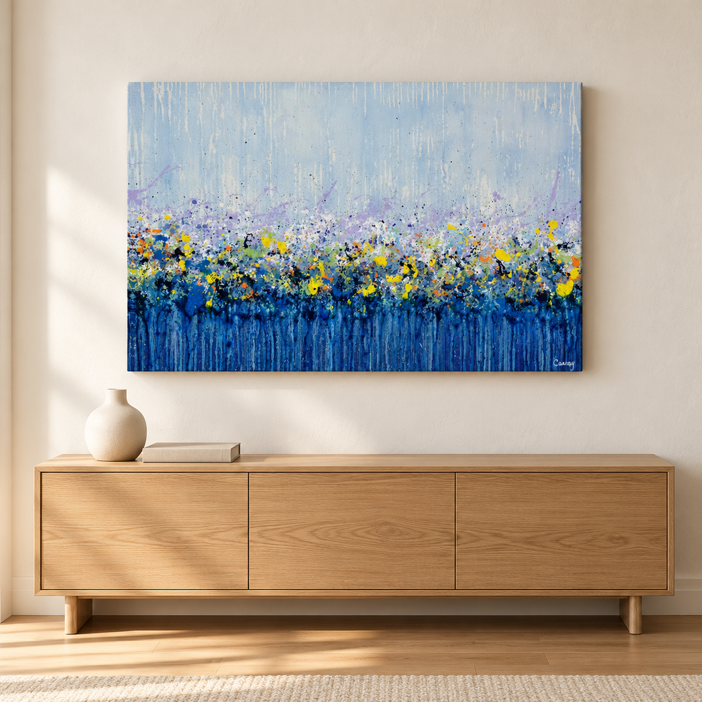 Indigo Fields fine art print above an oak console — AI-generated illustrative room mockup; scale may vary.