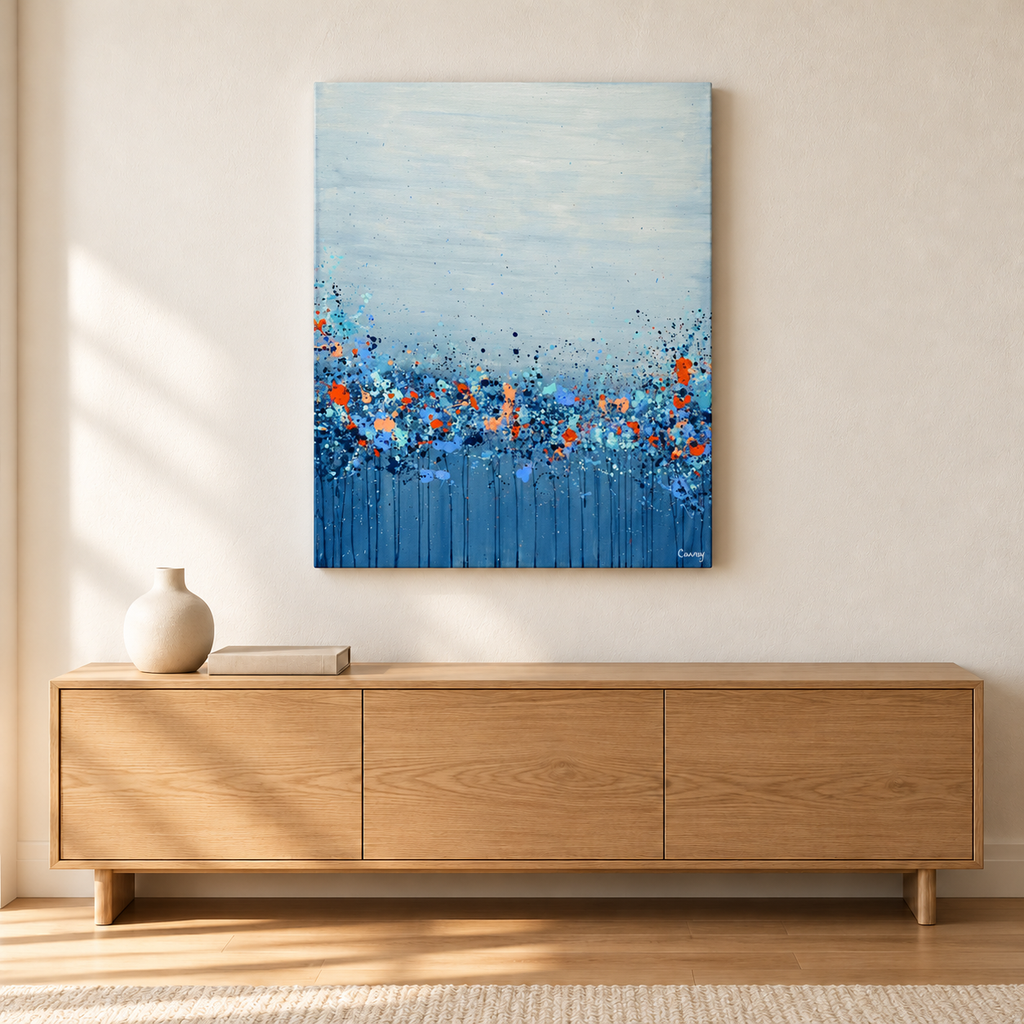 Mistflower fine art print above an oak console — AI-generated illustrative room mockup; scale may vary.