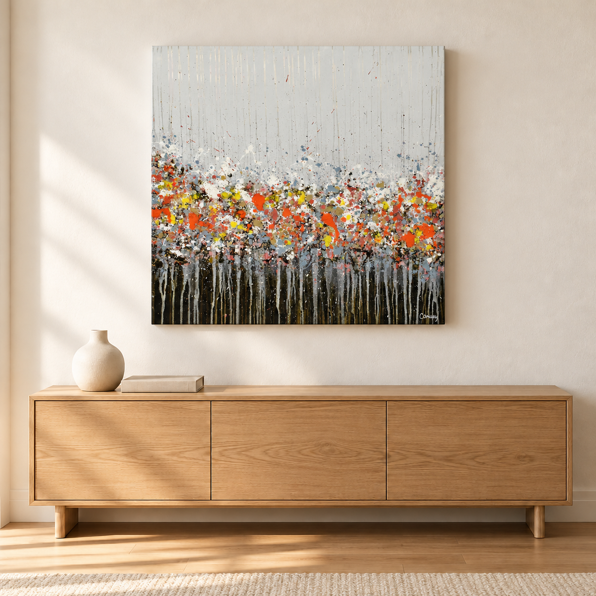 Open Fields fine art print above an oak console — AI-generated illustrative room mockup; scale may vary.