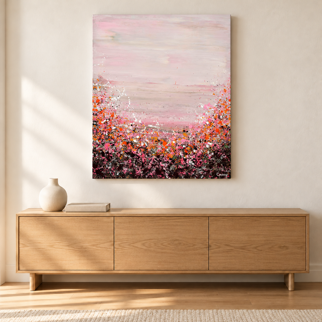 Pink Summer fine art print above an oak console — AI-generated illustrative room mockup; scale may vary.