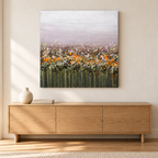 Plum Blossom fine art print above an oak console — AI-generated illustrative room mockup; scale may vary.