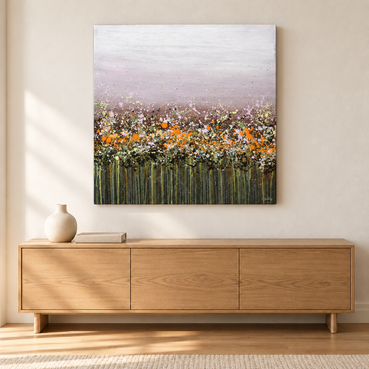 Plum Blossom fine art print above an oak console — AI-generated illustrative room mockup; scale may vary.